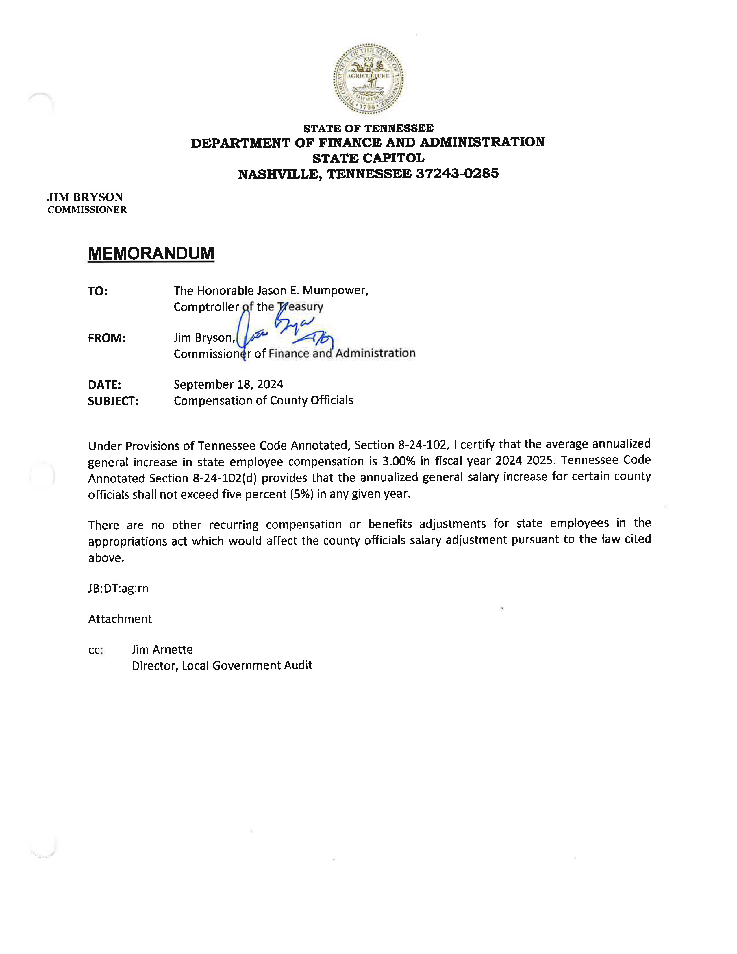 Letter from the State of Tennessee Department of Finance and Administration describing the fiscal year 2024 compensation for county officials