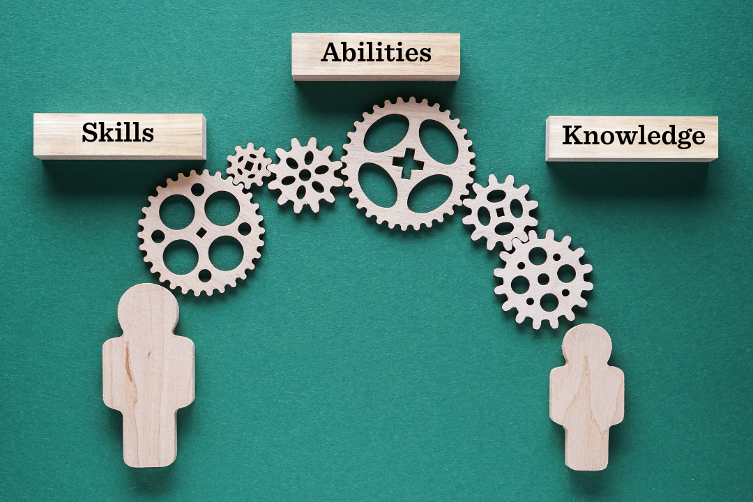 The image depicts a conceptual representation of skill development, featuring two wooden figurines facing towards the center with six interlocking wooden gears between them. Above the gears, three wooden blocks are stacked, each labeled with “Skills,” “Abilities,” and “Knowledge,” symbolizing the interconnected nature of these components in personal and professional growth. The green background enhances the visual communication of development in any field.